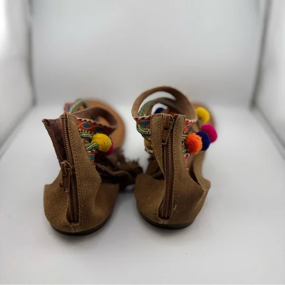 Naughty Monkey Boho Suede Sandals. Size 10 Colorful Pom Pom & Tribal Trim - Picture 3 of 6
